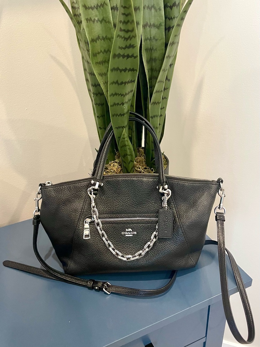 Coach Black Pebbled Leather Satchel with Silver Chain and Strap